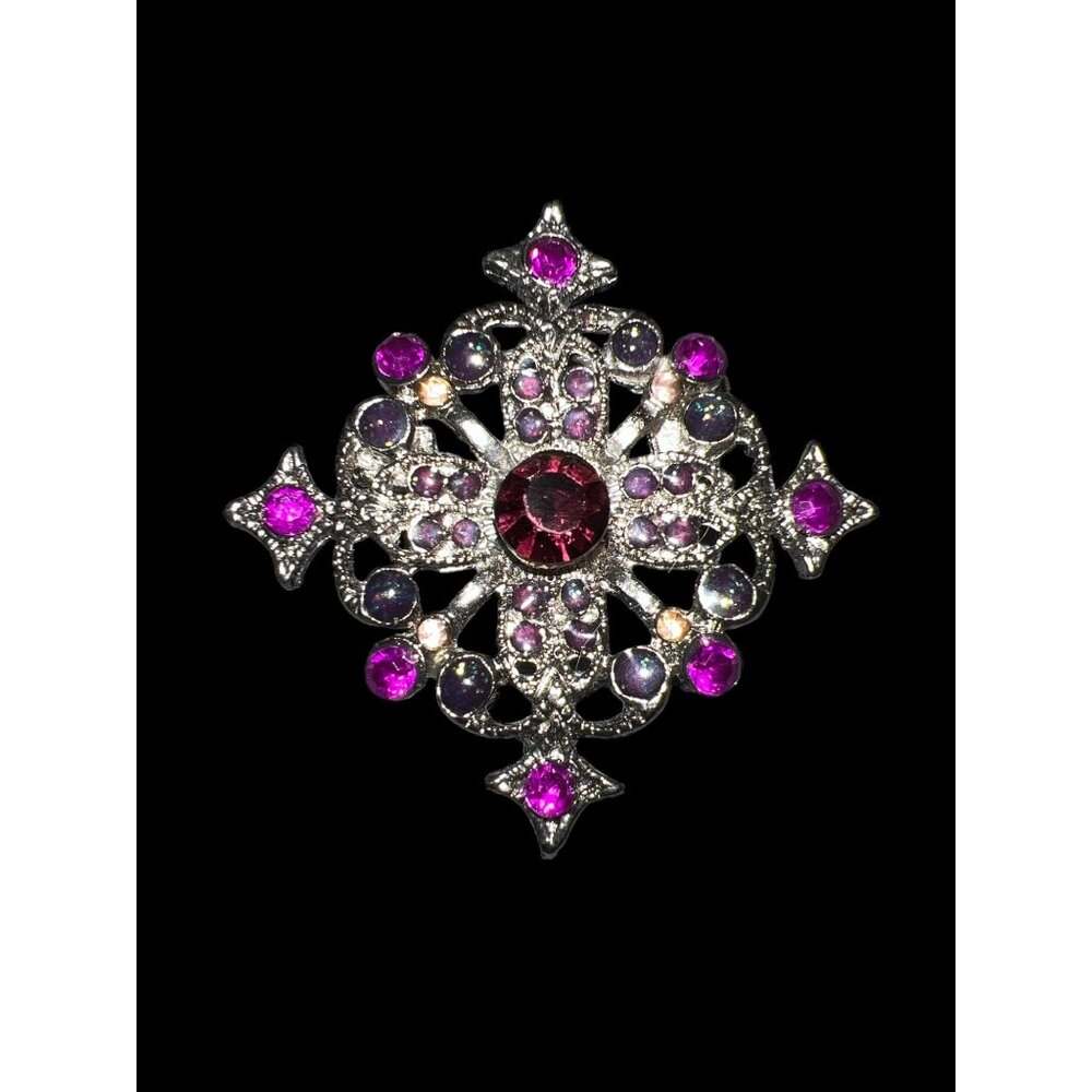Vintage Purple Rhinestone Silver Brooch, Halloween Vampire‎ Theme Unbranded